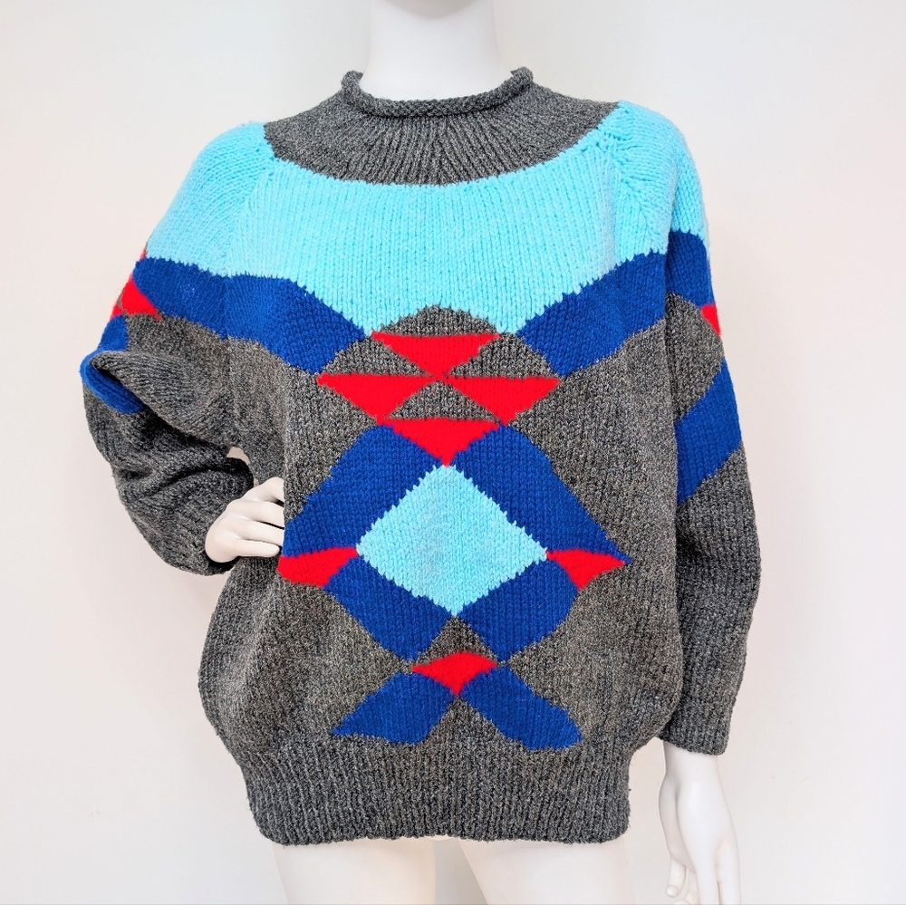 Vintage Handmade Gray, Red, & Blue Roll Neck Geometric Pattern Sweater